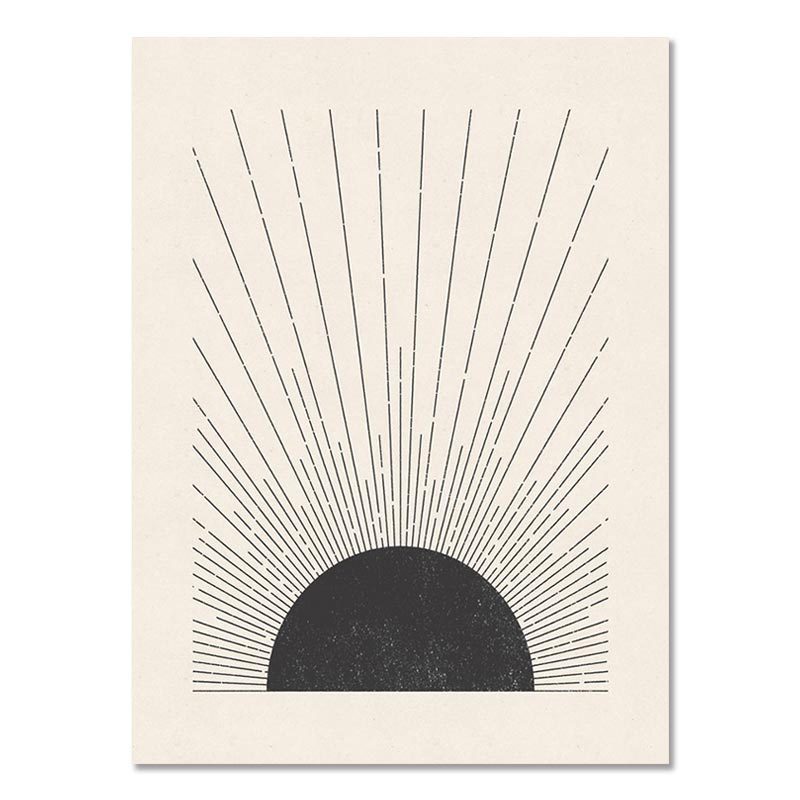 Framed abstract art poster with sunburst line rays and a dark half-circle at bottom