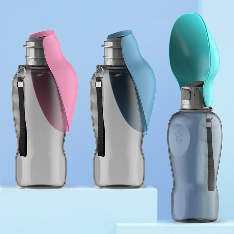 Set of foldable dog water bottles with bowls in pink, blue, and teal colors