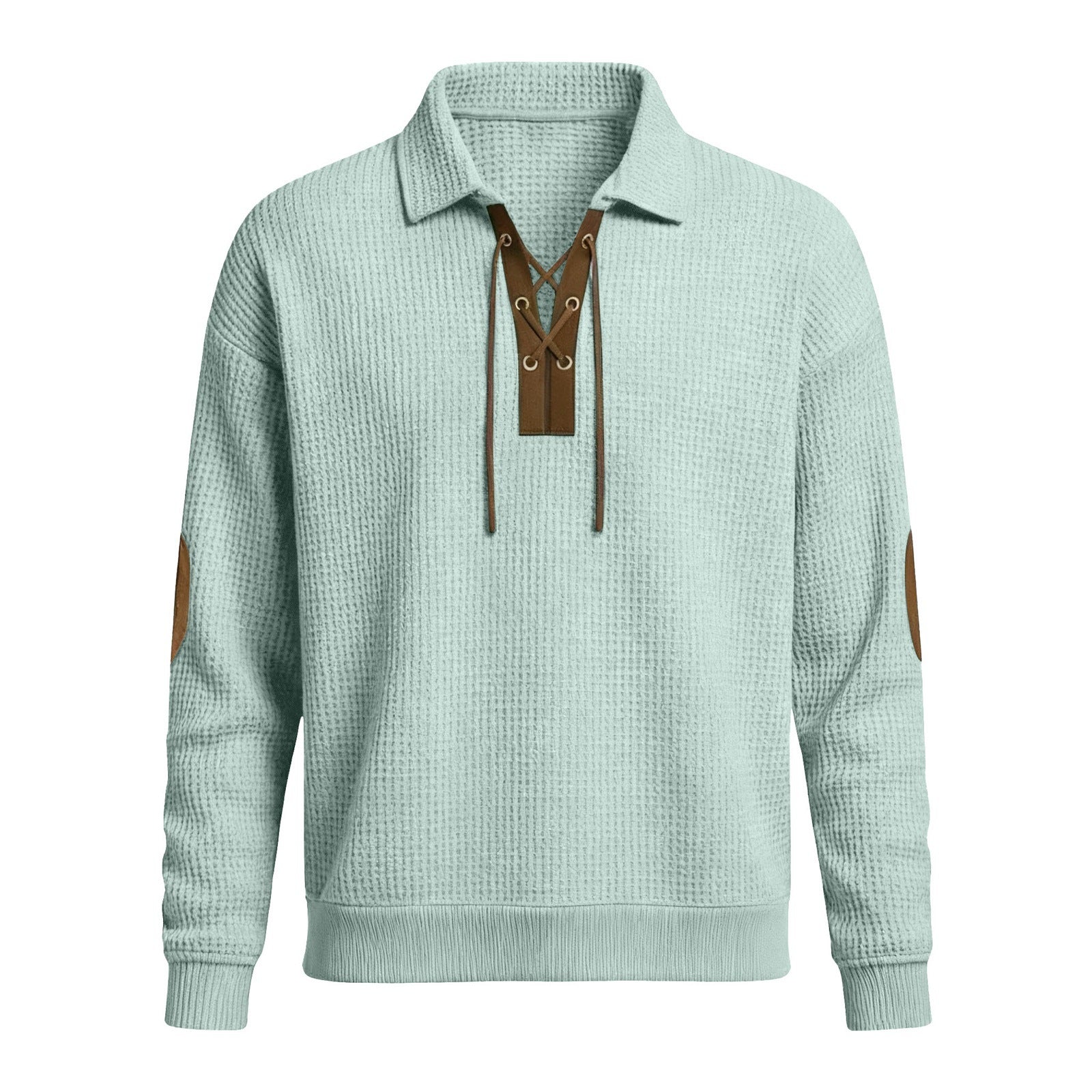Men's oversized knit sweatshirt, pale teal collared hood with drawstrings