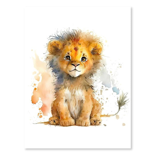 Framed animal wall art print with a watercolor-style lion cub