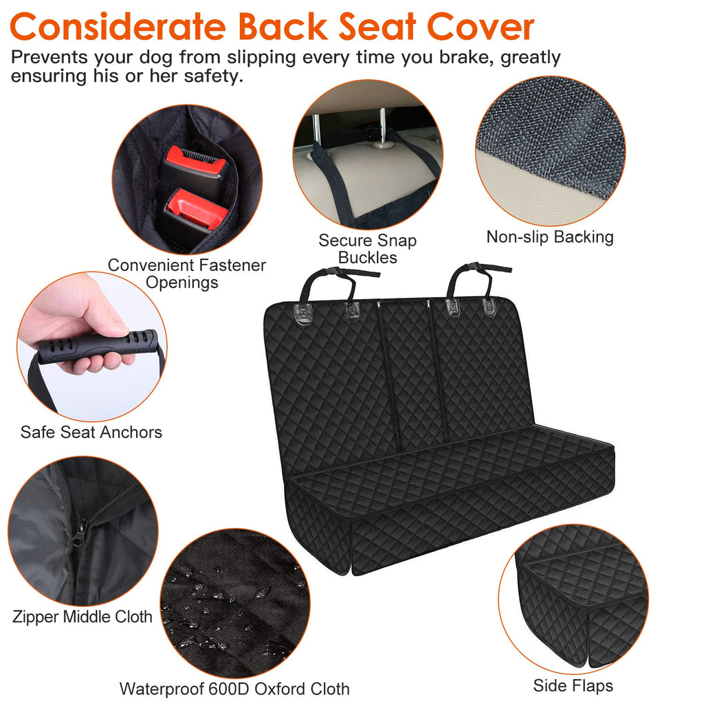 Black back seat cover with secure snap buckles, zipper panel, and non-slip backing