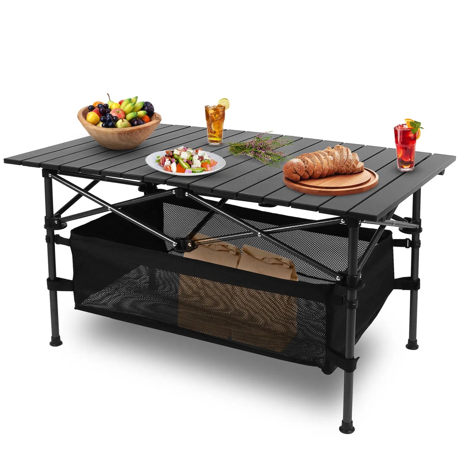 Black folding camping table with roll-up aluminum top and black mesh storage basket