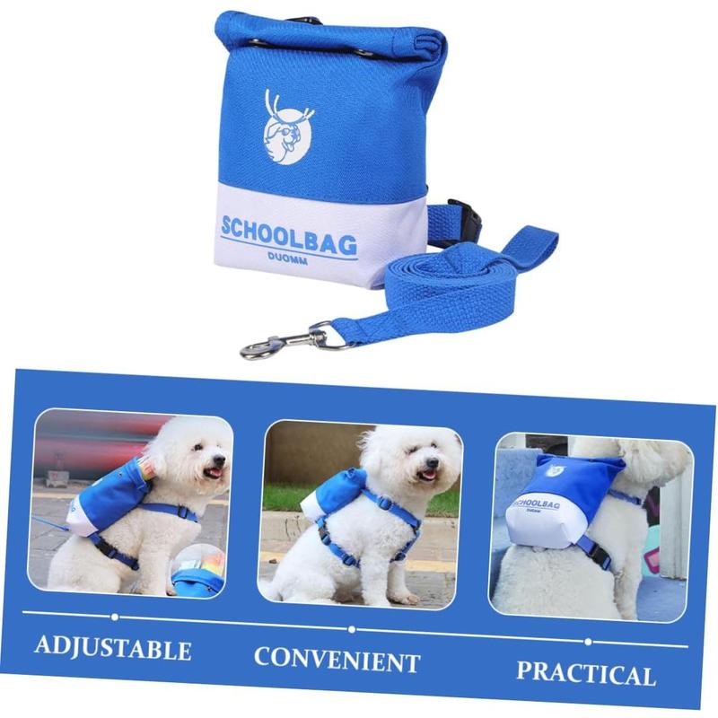 Blue dog self-wearing backpack harness with adjustable straps and attached leash