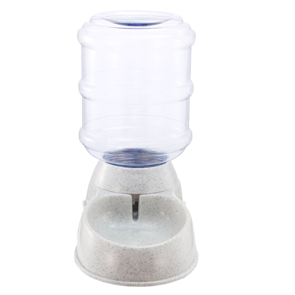 Gravity pet water dispenser with clear reservoir and light gray single-bowl base