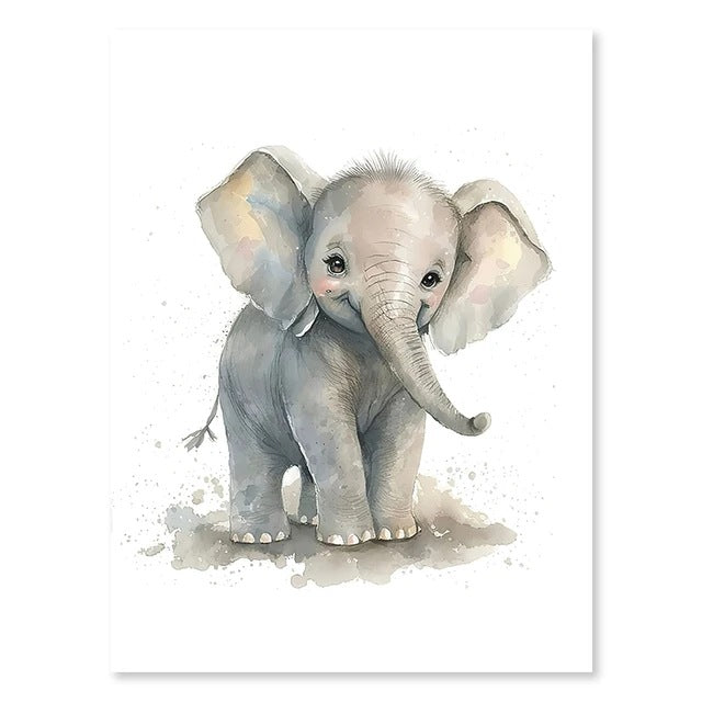 Elephant wall art print, light blue-gray baby animal on white background.