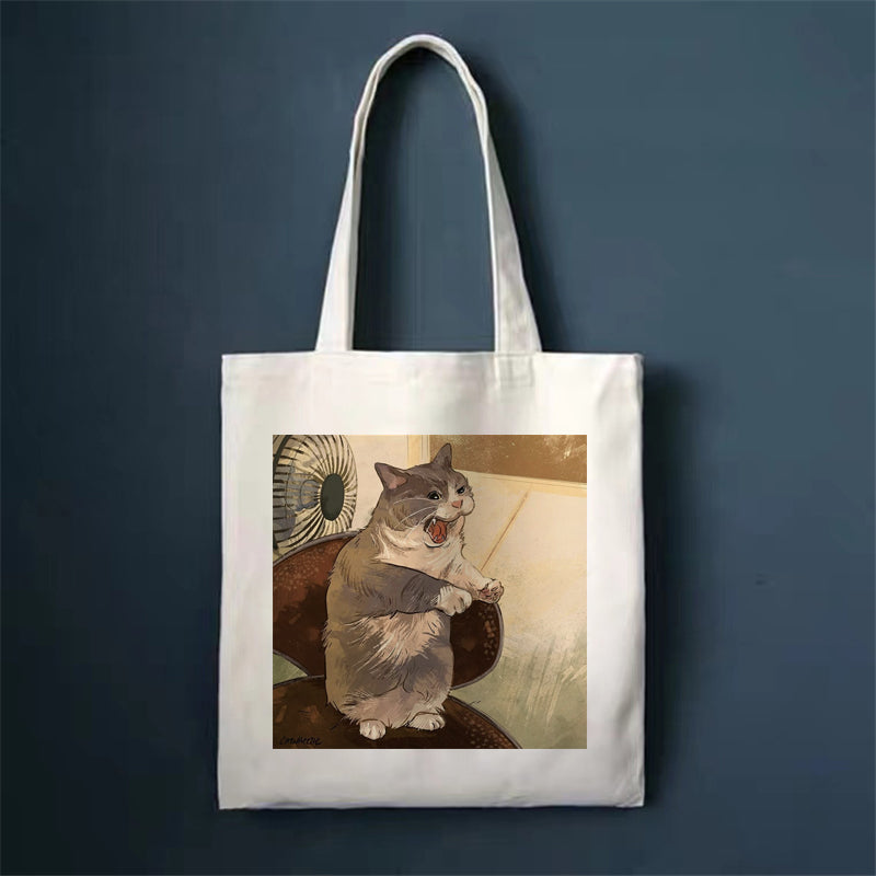 Canvas tote bag with sitting cat illustration, square front print and long handles