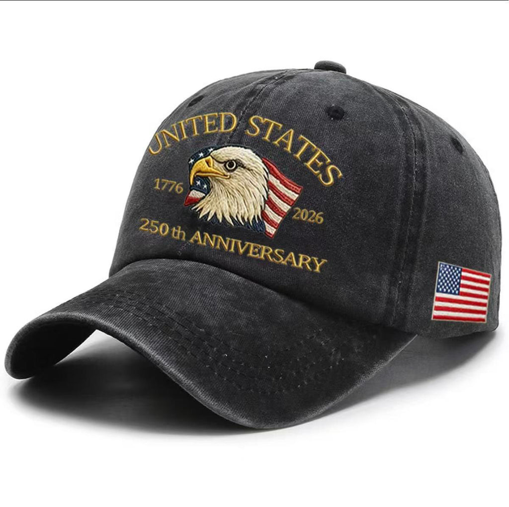 Washed canvas dad hat in dark gray with eagle and “United States” text and flag patch