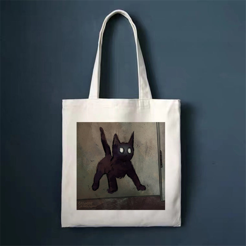 Canvas tote bag with cat illustration, square front print and long handles