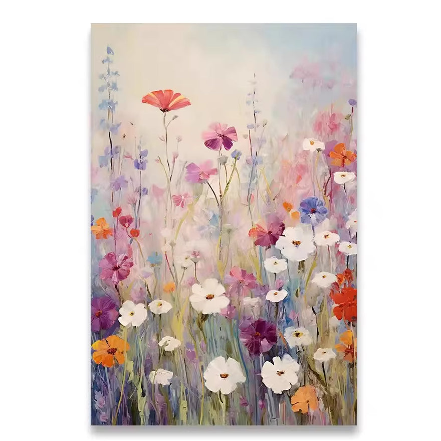 Canvas wall poster with pink, purple, orange, and white wildflowers and stems