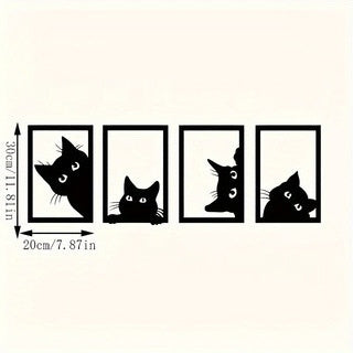 Black cat metal wall art set, four square black frames with cat silhouettes