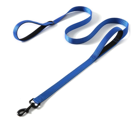Double-handle dog leash with reflective accents, blue nylon webbing and metal clips