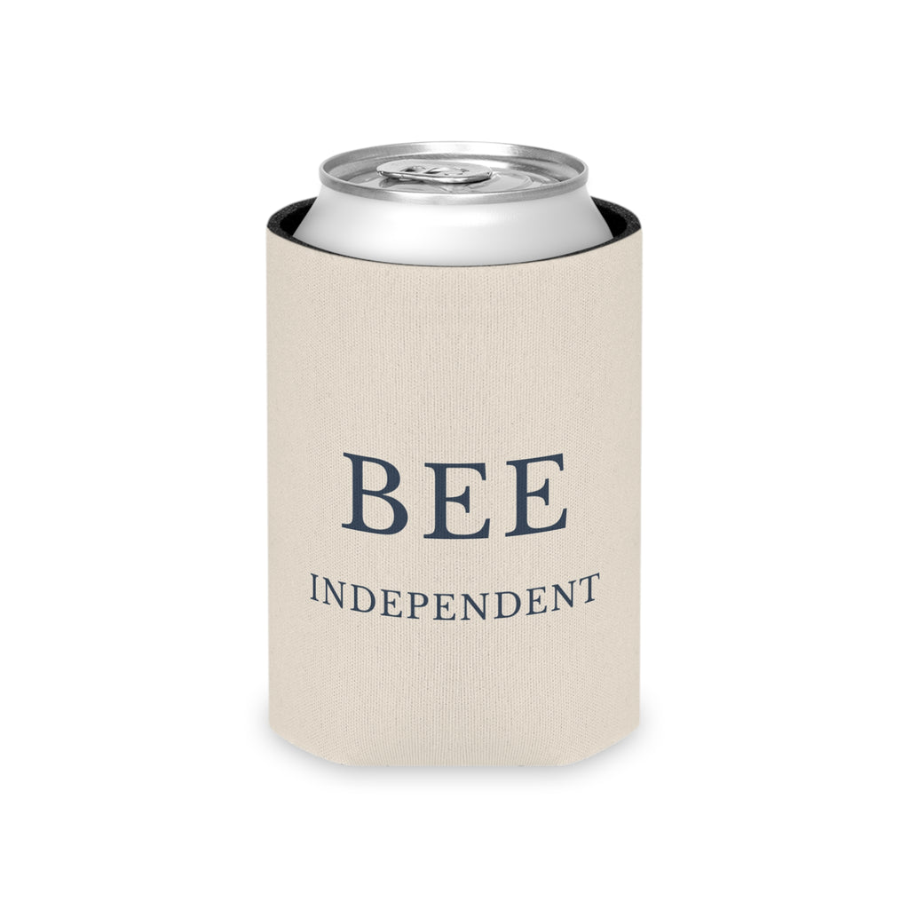 Cream can cooler sleeve with “BEE INDEPENDENT” text and silver can top