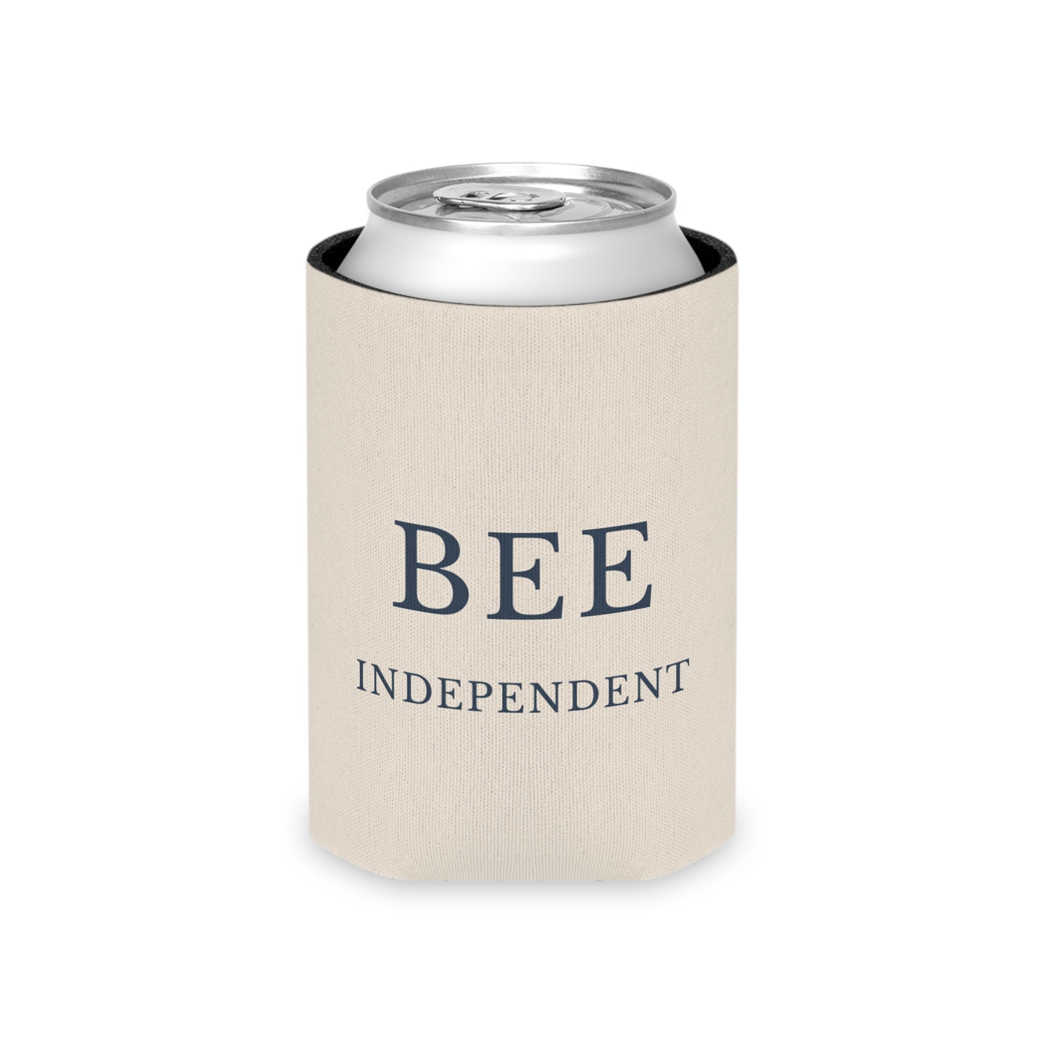 Cream can cooler sleeve with “BEE INDEPENDENT” text and silver can top