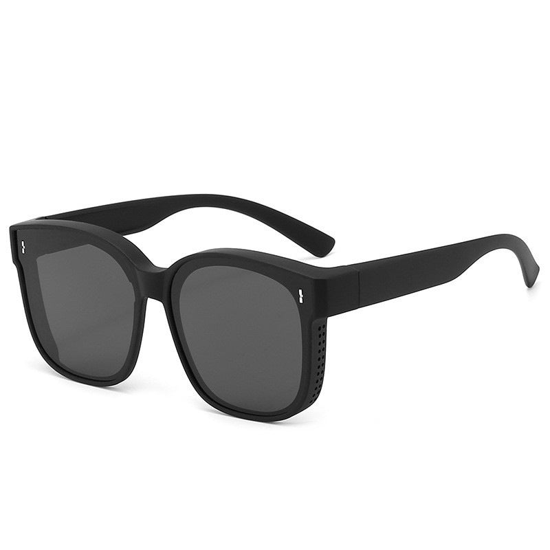 Black polarized mirror sunglasses with dark lenses and thick curved temple arms