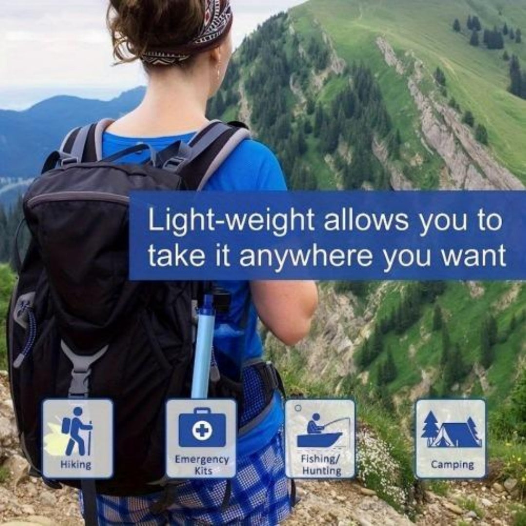 Blue portable water filter held near backpack, with connected hose