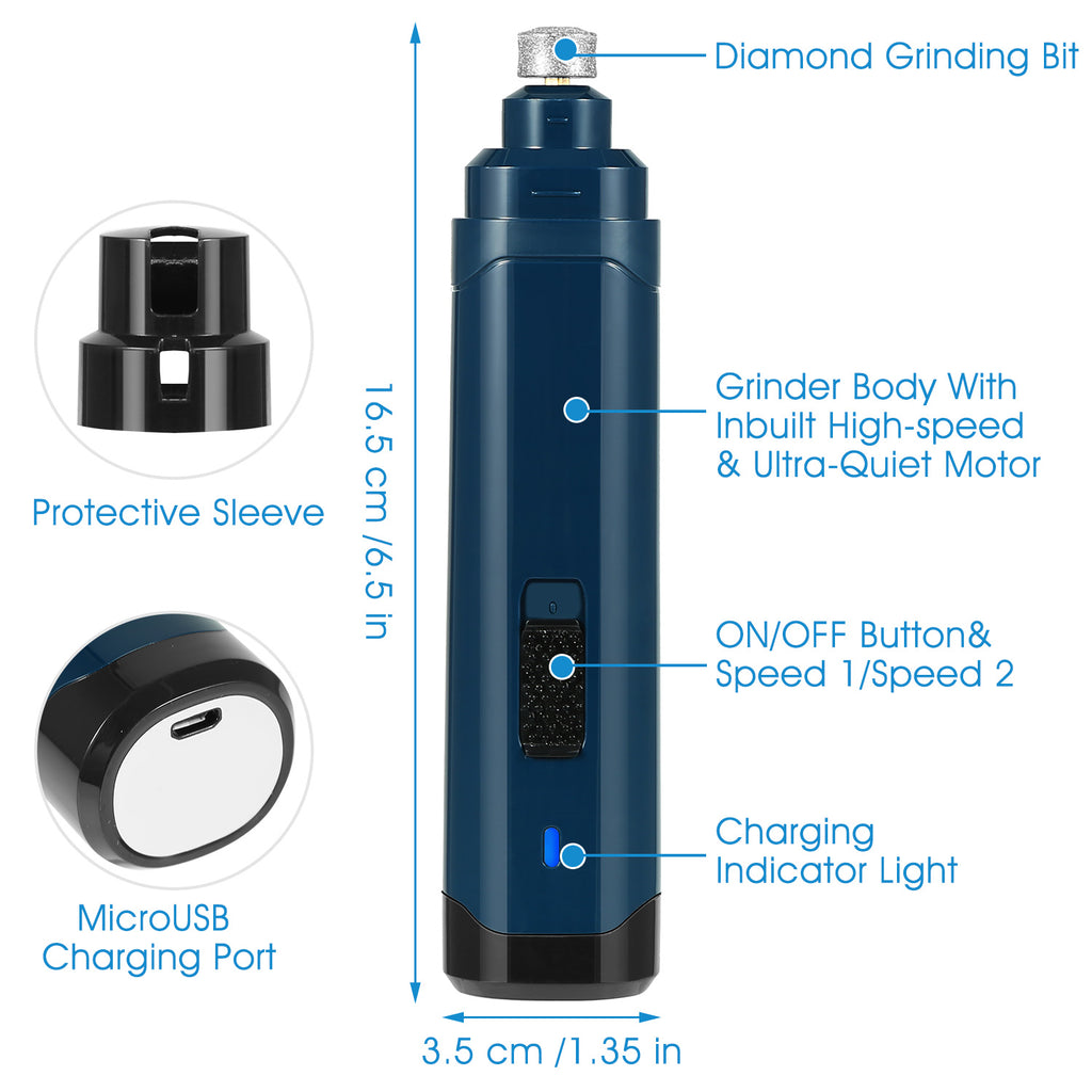 Blue pet nail grinder diagram with diamond grinding bit, power button, and charging light