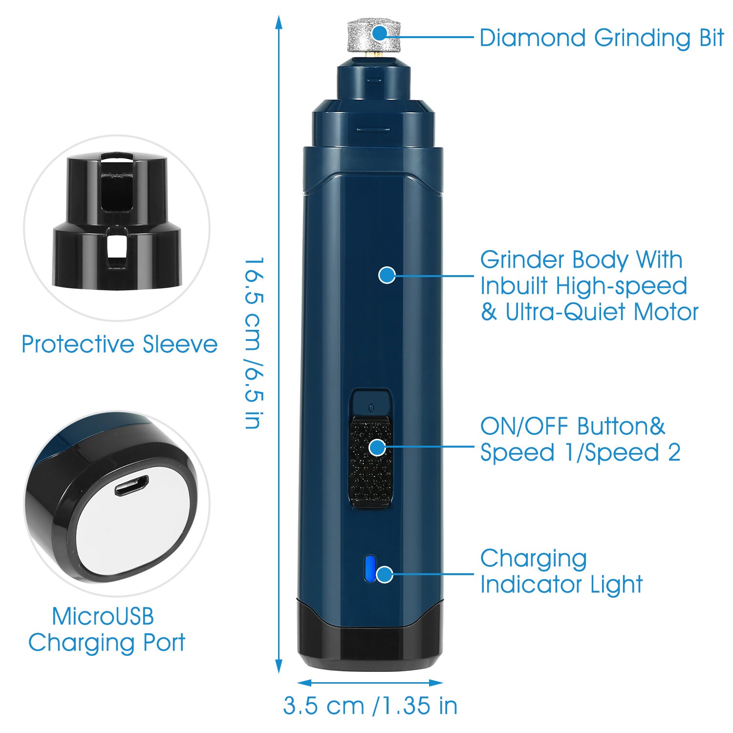Blue pet nail grinder diagram with diamond grinding bit, power button, and charging light
