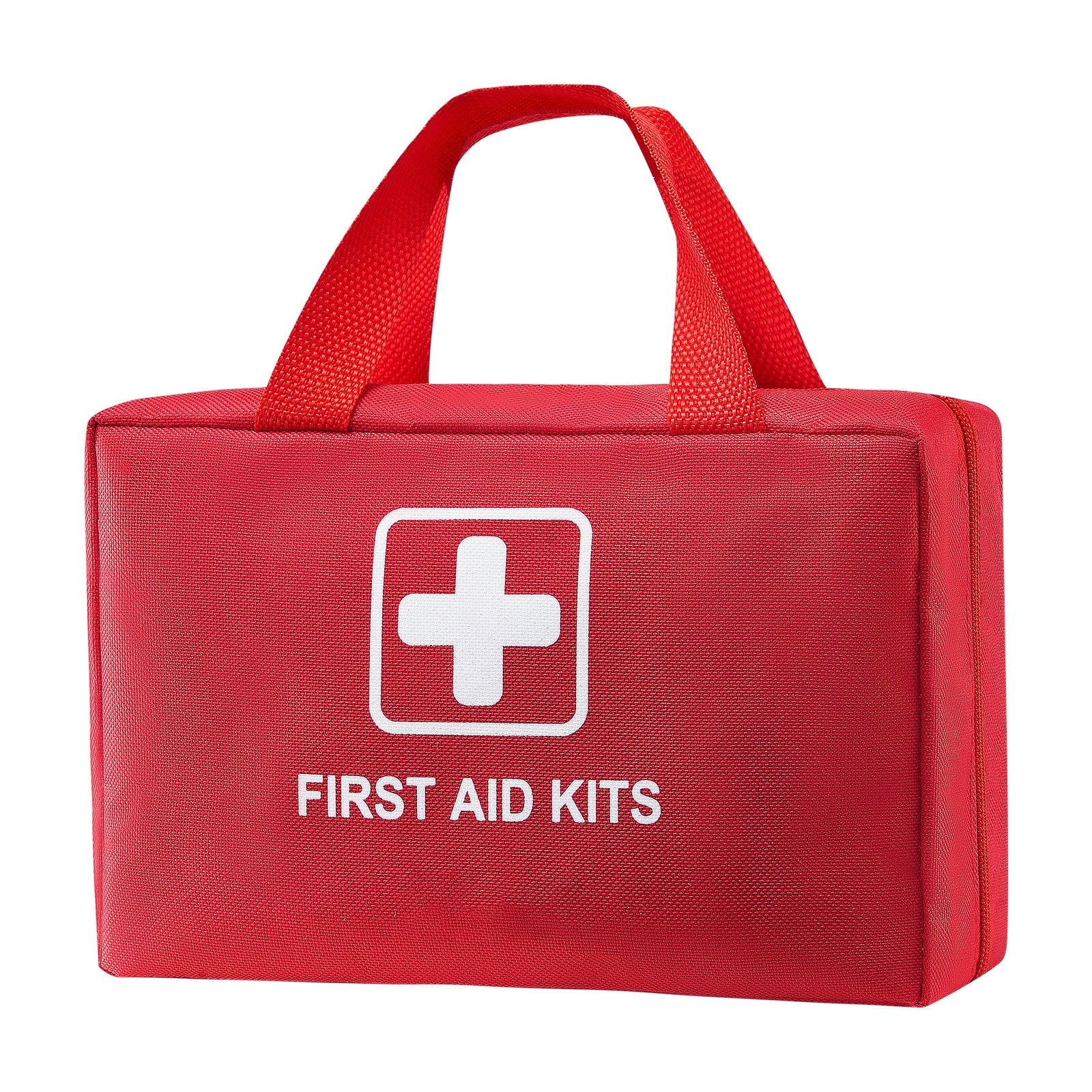 Red nylon first aid bag with carry handle and white cross emblem