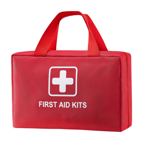 Red nylon first aid bag with carry handle and white cross emblem