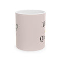 Pink ceramic mug with partial 'Hive' lettering and small bee illustration