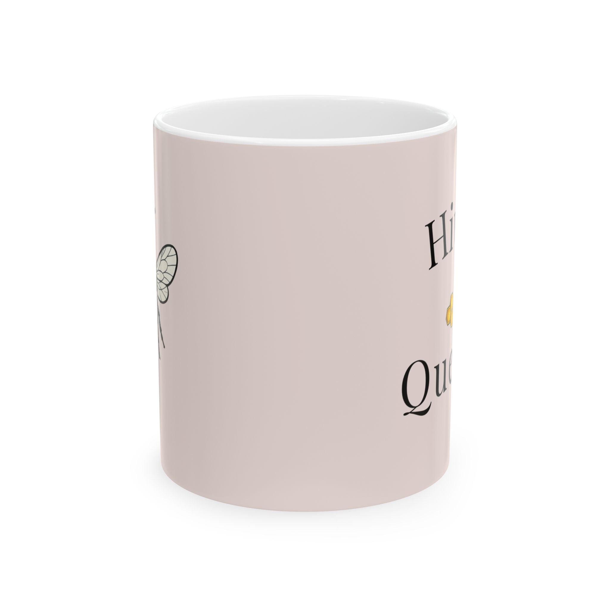 Pink ceramic mug with partial 'Hive' lettering and small bee illustration