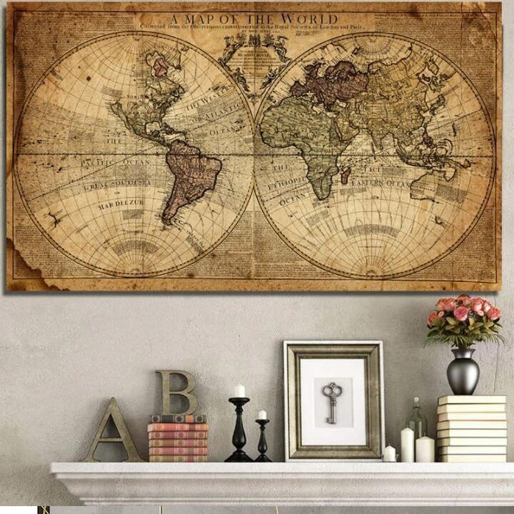 Framed world map canvas poster, vintage sepia map with coastlines