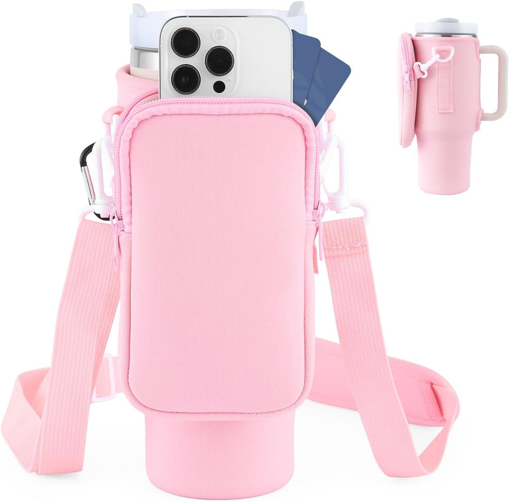 Neoprene tumbler holder bag with zip front pocket and adjustable strap, pink
