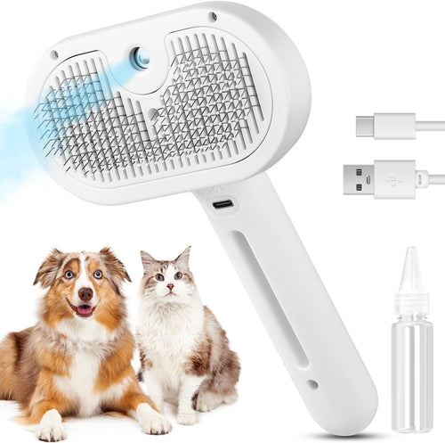 White 3-in-1 pet steam spray grooming brush with oval bristle head and handle