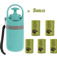 Light blue dog poop bag dispenser with strap, shown with extra green bag rolls