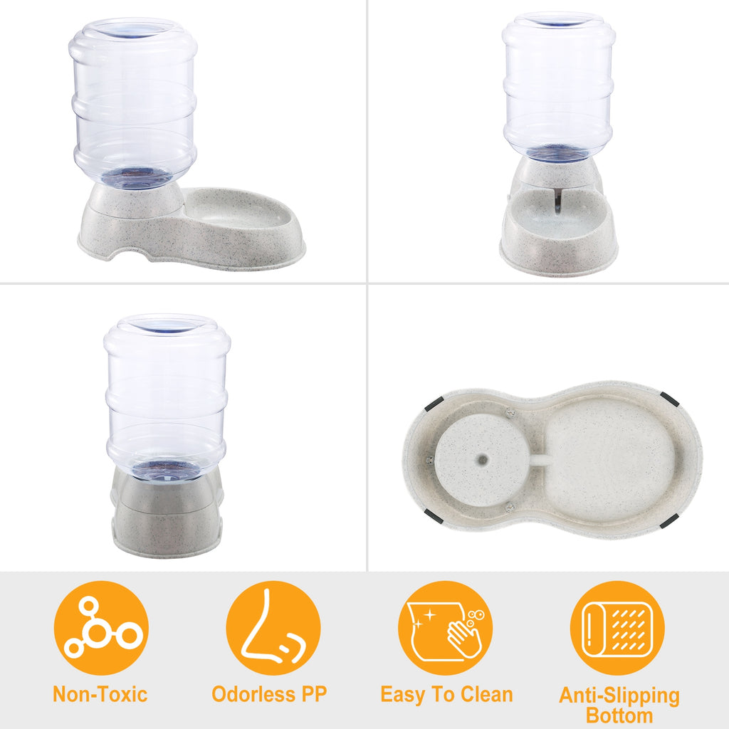 Gravity pet water dispenser with clear reservoir, inner tray, and anti-slip base