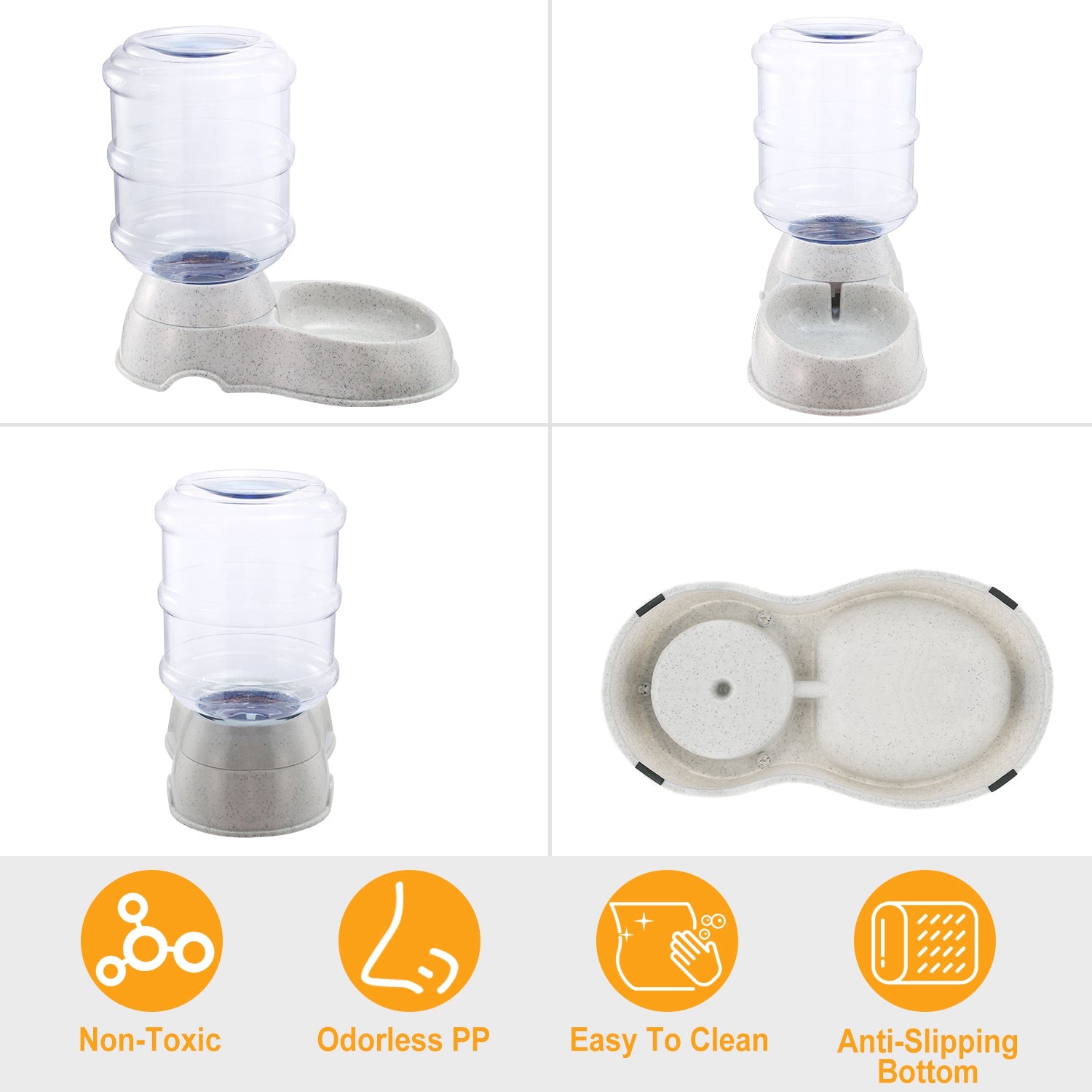 Gravity pet water dispenser with clear reservoir, inner tray, and anti-slip base