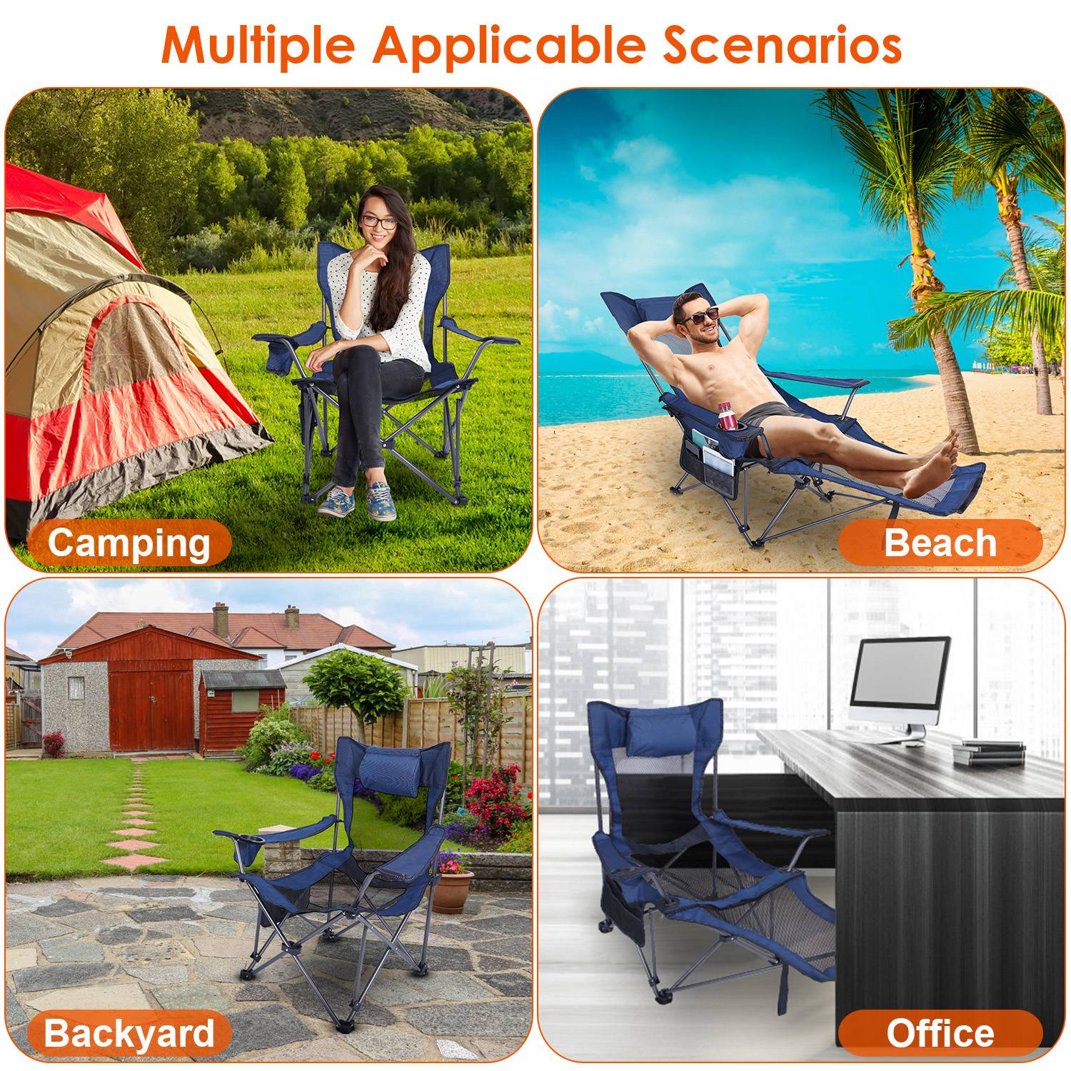 Foldable recliner camping chair shown in multiple outdoor and indoor use views