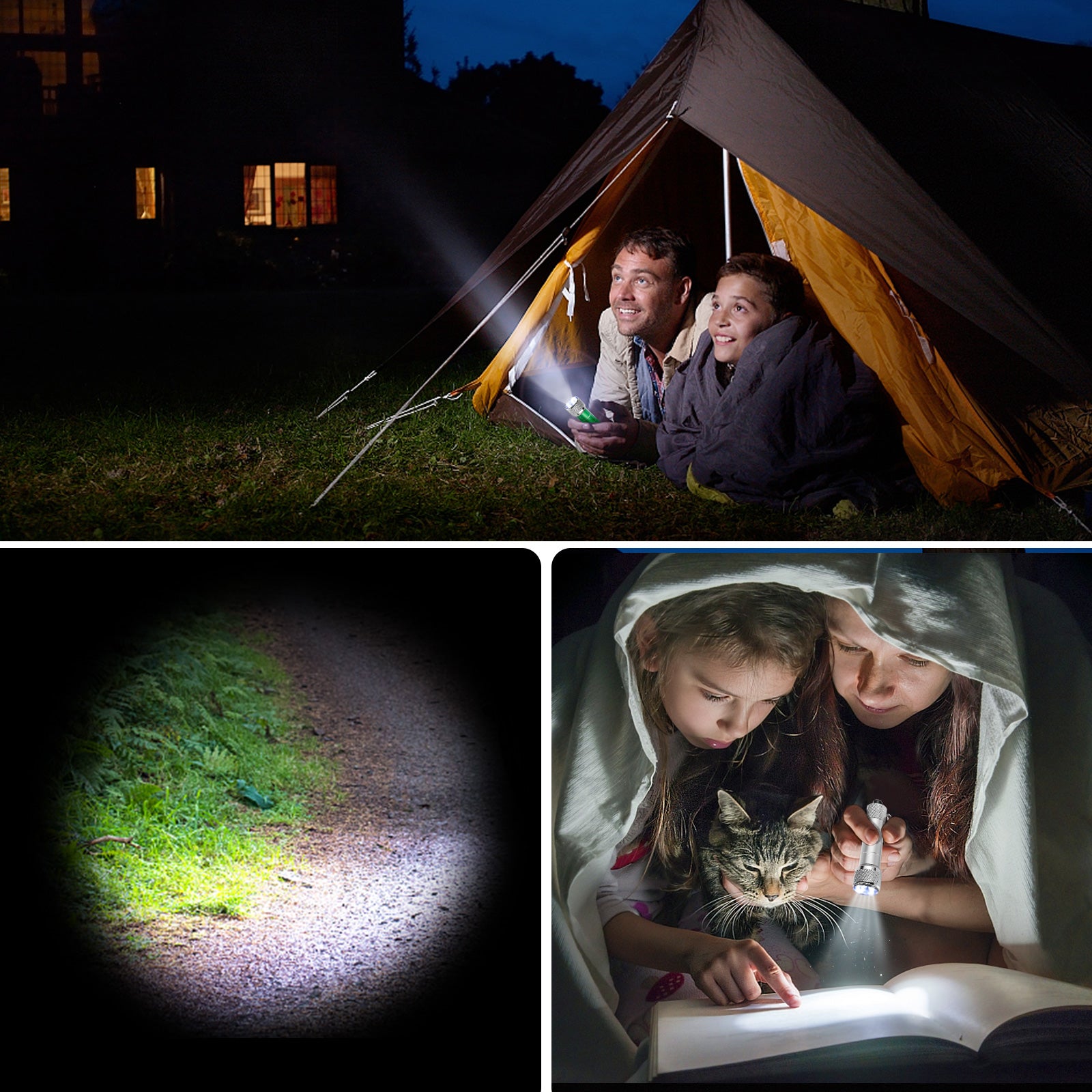 Mini LED keychain flashlight casting a bright cone of light on the ground