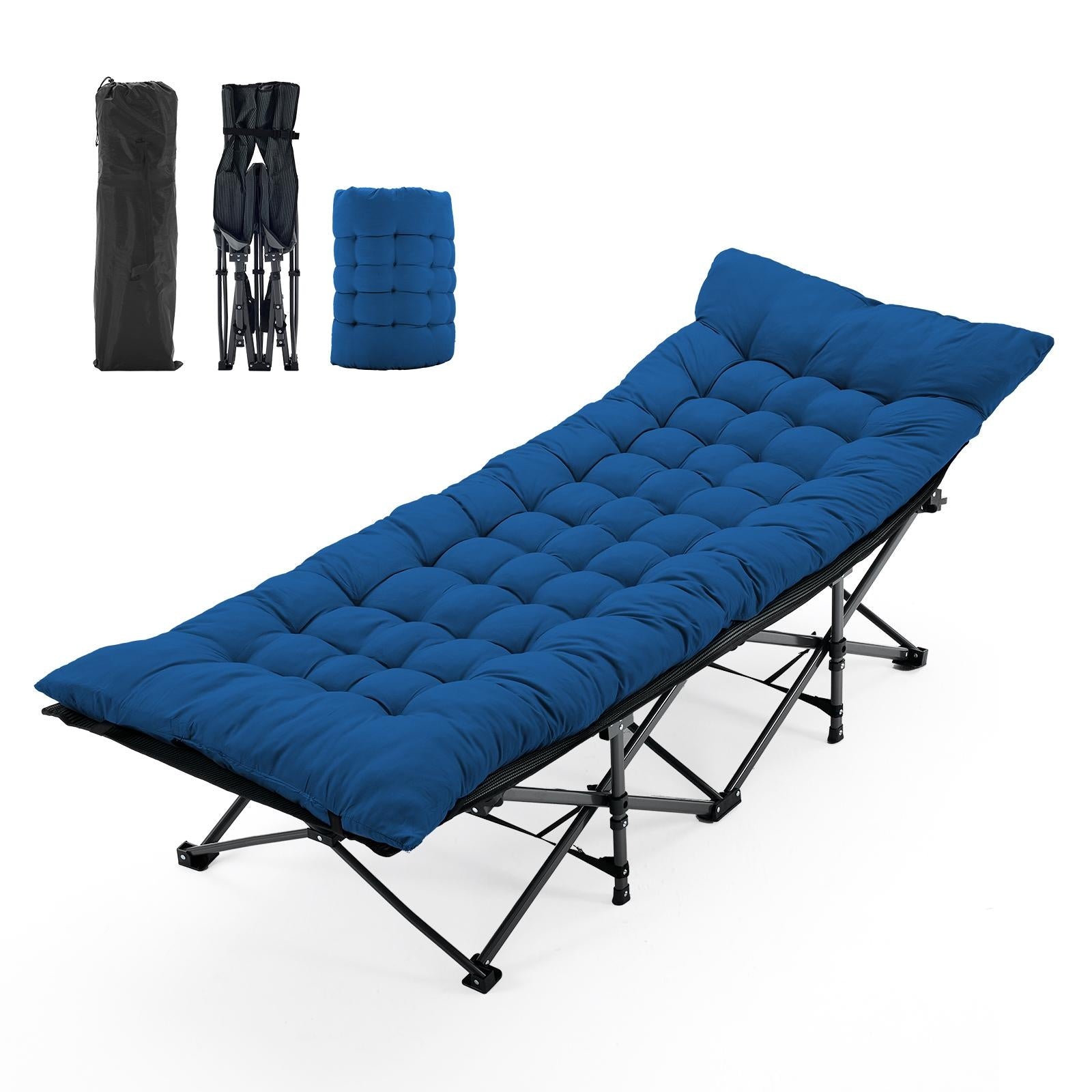 Foldable camping bed with quilted mattress, blue fabric, steel folding legs
