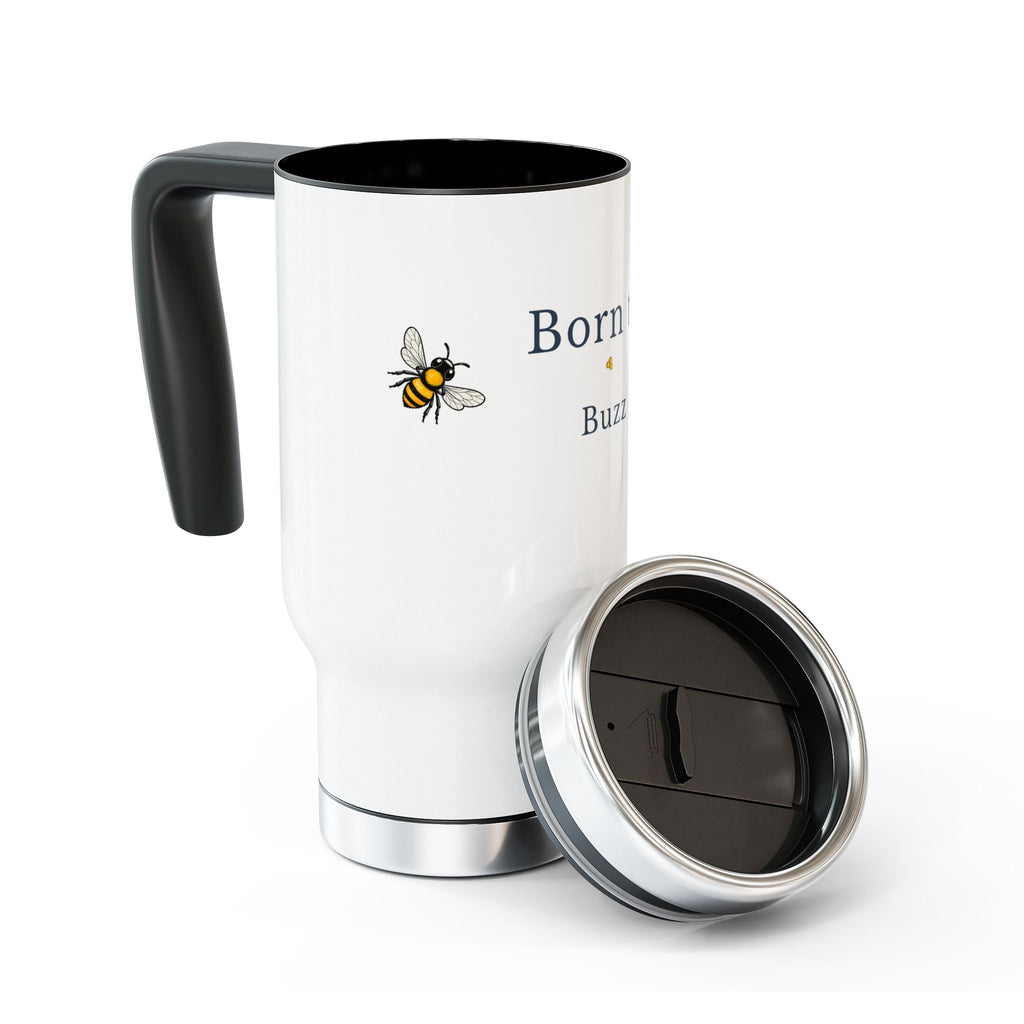 White travel mug with open lid, black interior, silver base, and bee graphic
