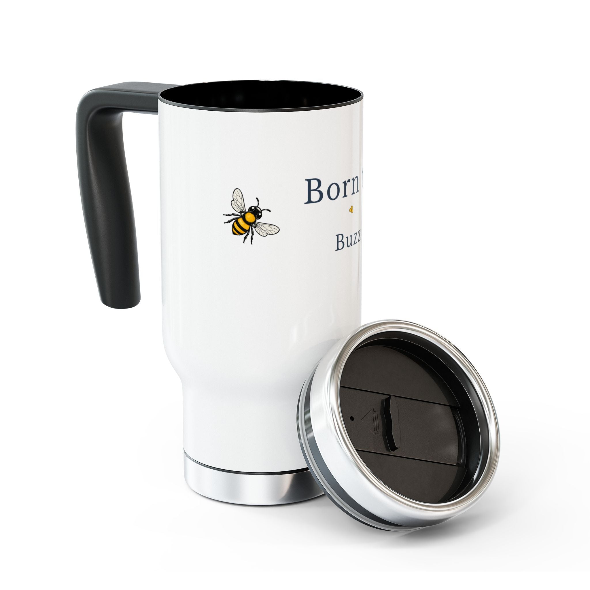 White travel mug with open lid, black interior, silver base, and bee graphic