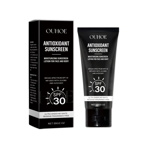 Antioxidant sunscreen SPF 30 lotion tube for face and body, black cap