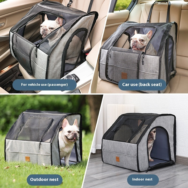 Gray pet travel crate with mesh window and seat-belt attachment for car seating