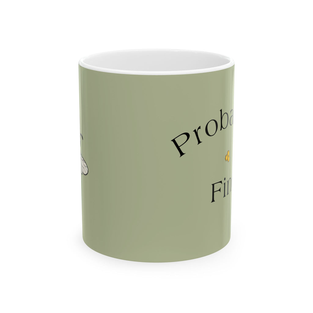 Olive ceramic mug with black script text and white interior rim