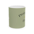 Olive ceramic mug with black script text and white interior rim