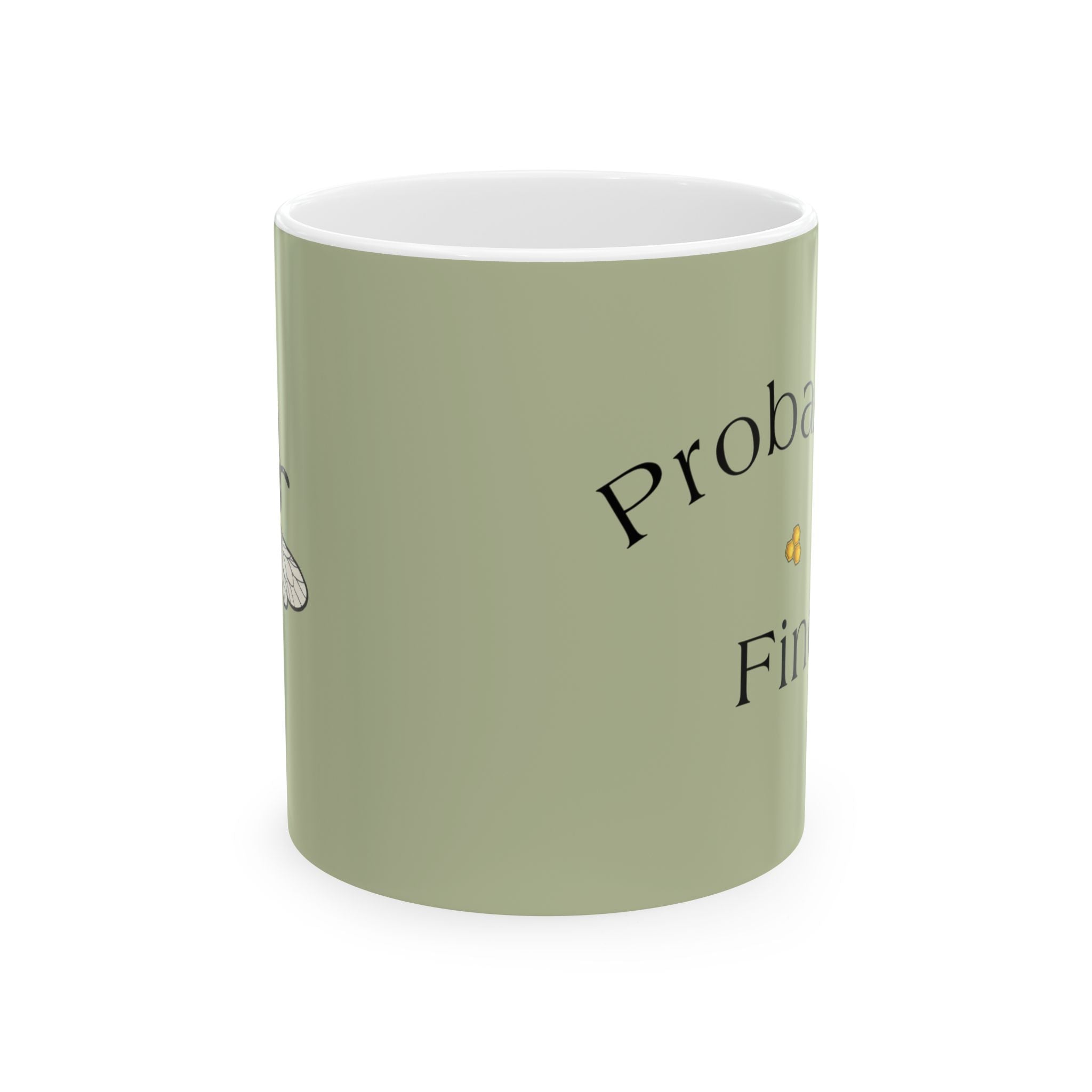 Olive ceramic mug with black script text and white interior rim