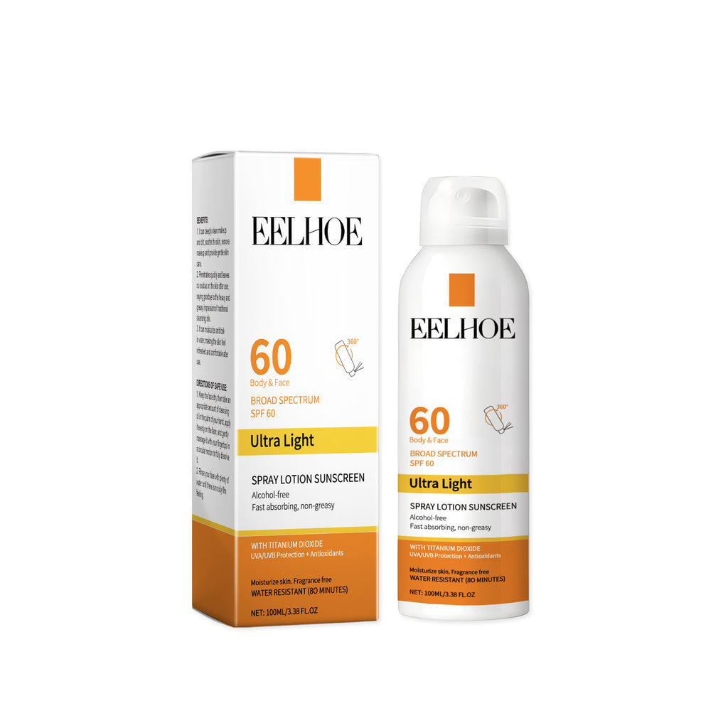 SPF 60 spray lotion sunscreen bottle and box, Ultra Light, EELHOE branding