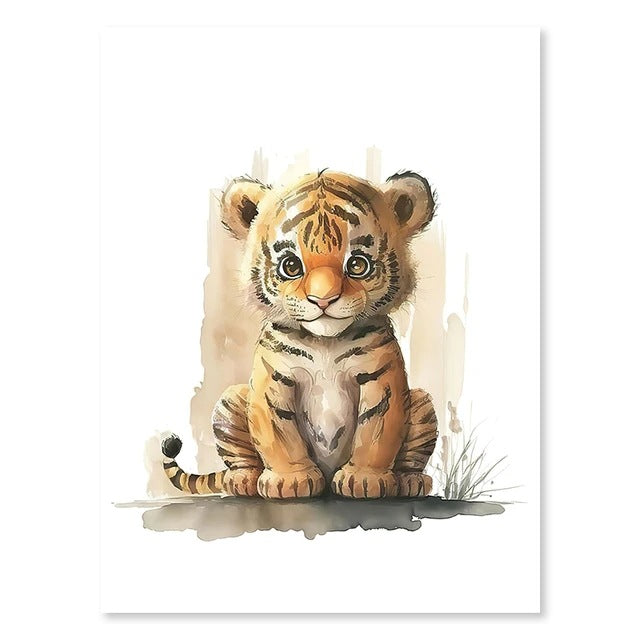 Animal wall art print featuring a watercolor tiger cub