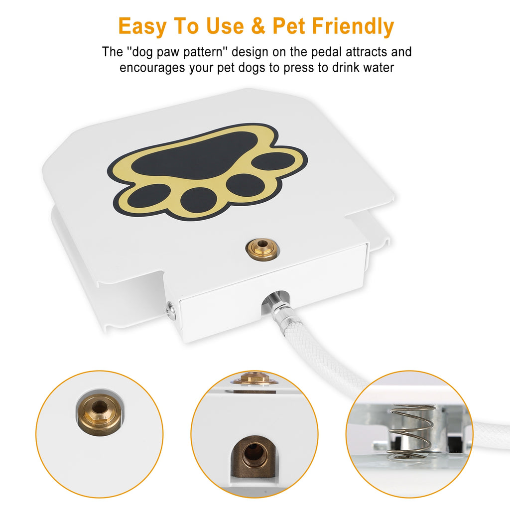 White dog water fountain pedal base with paw print on lid