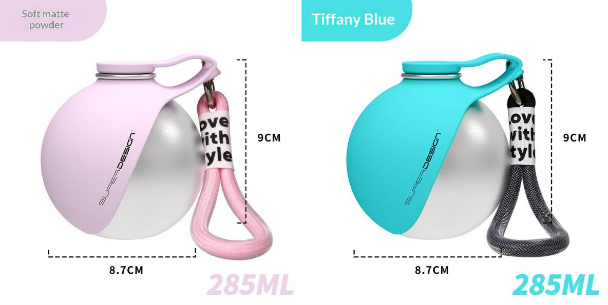 Two stainless steel pet water cups side by side: soft mist pink and Tiffany blue with waste bag dispensers.