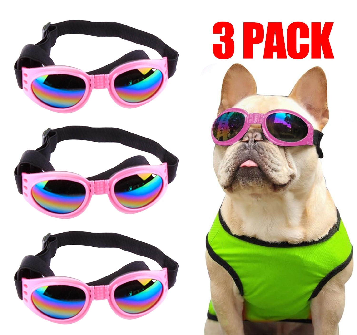Pet sunglasses 3-pack with pink frames and rainbow lenses, adjustable strap for small pets