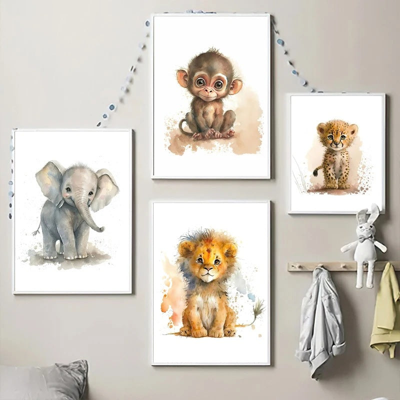 Cluster of framed animal wall art prints with monkey, lion, and elephant