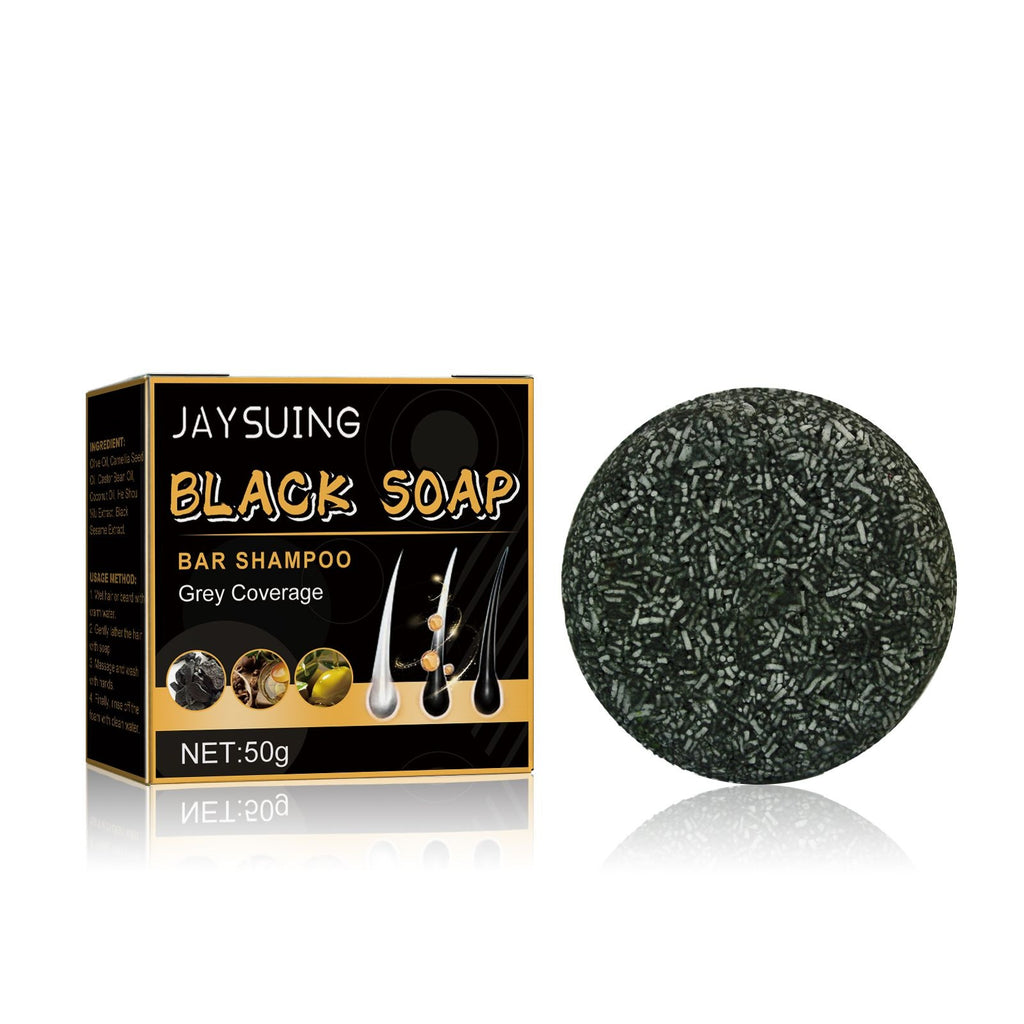 Black soap bar shampoo with box, round dark gray bar for hair washing, 50g.