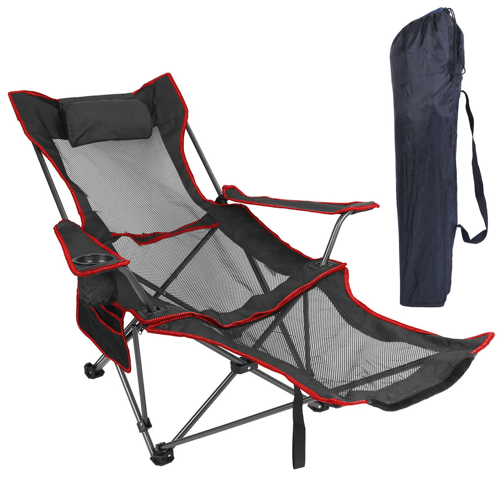 Folding recliner chair with gray mesh seat, black frame, red trim, cup holder and carry bag