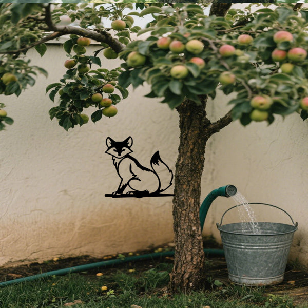 Black metal fox silhouette wall sign, seated fox outline on wall near tree